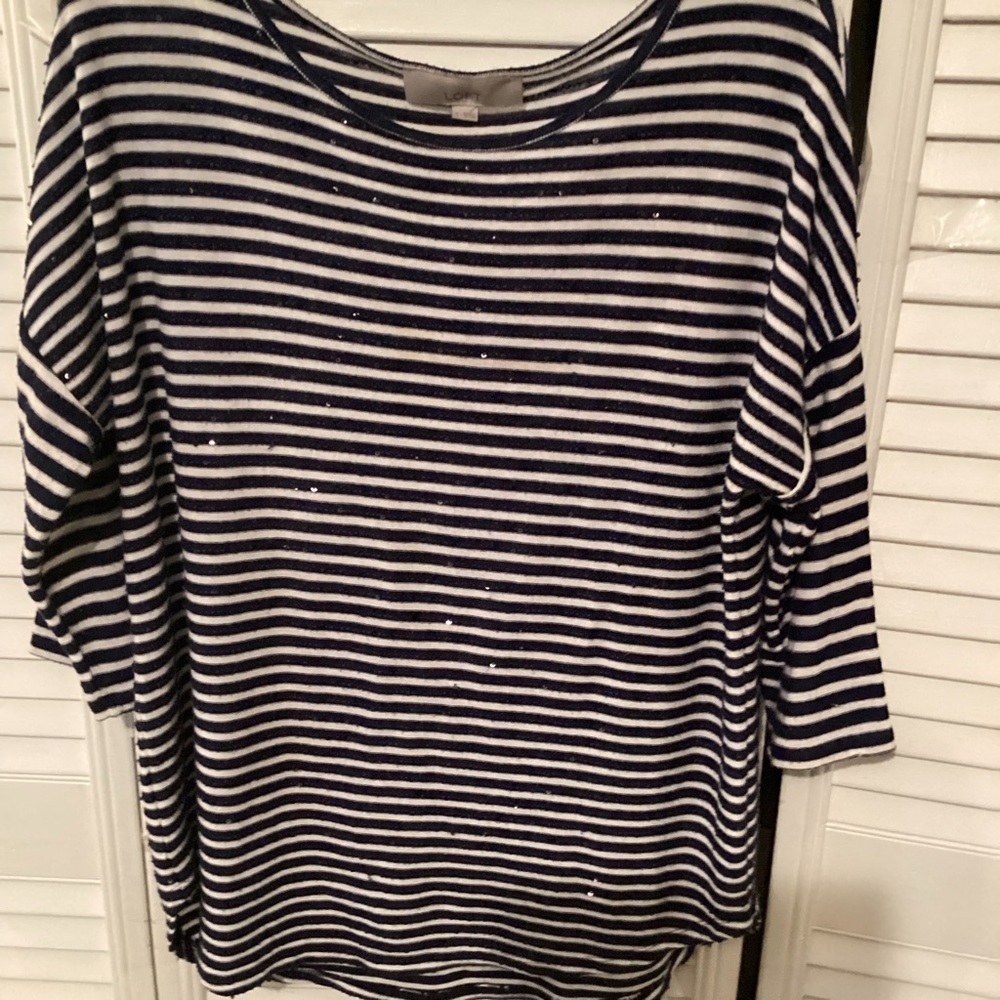 Loft ladies black & white striped top with sequins, size large